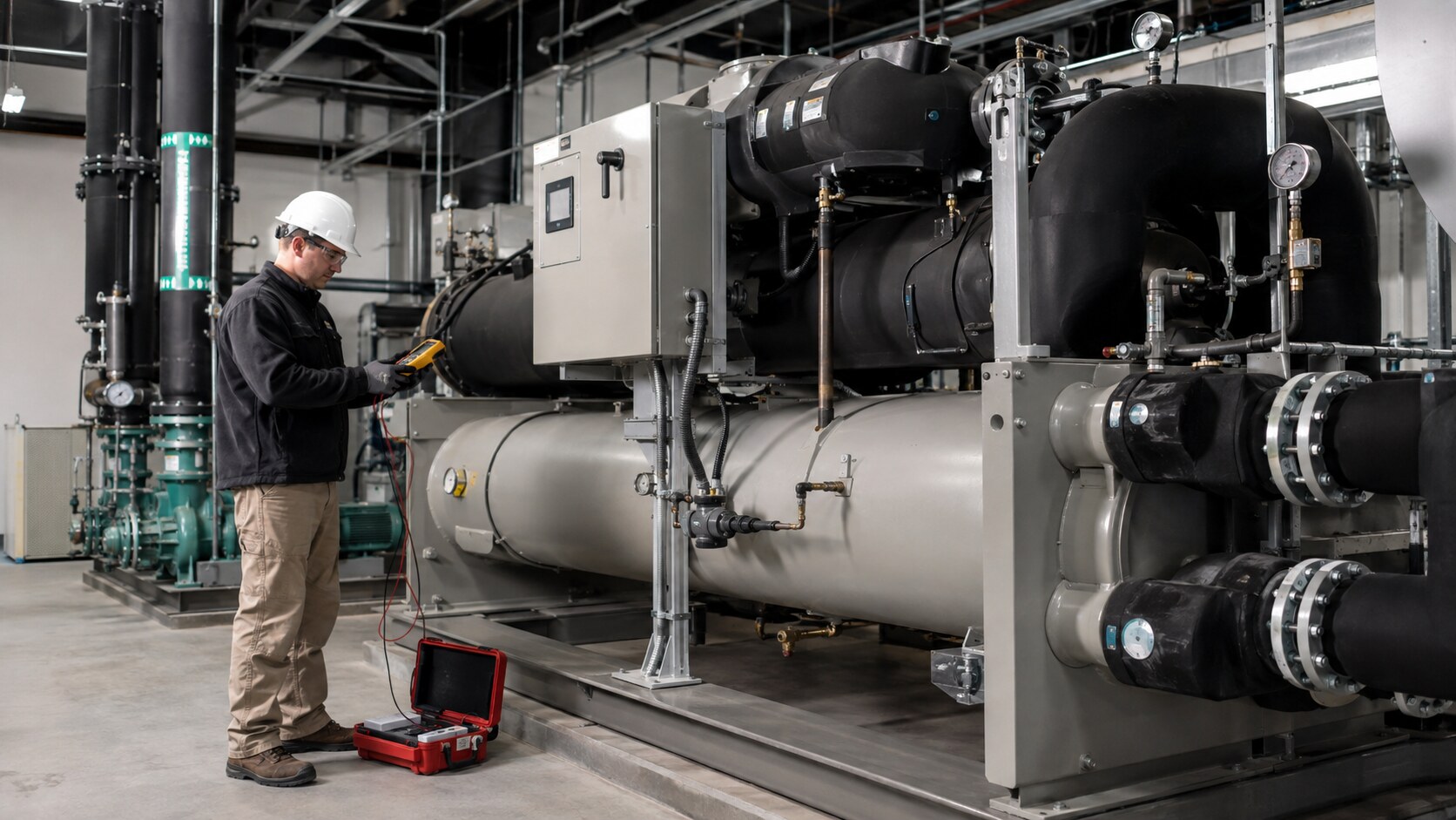 Technician commissioning a chiller system