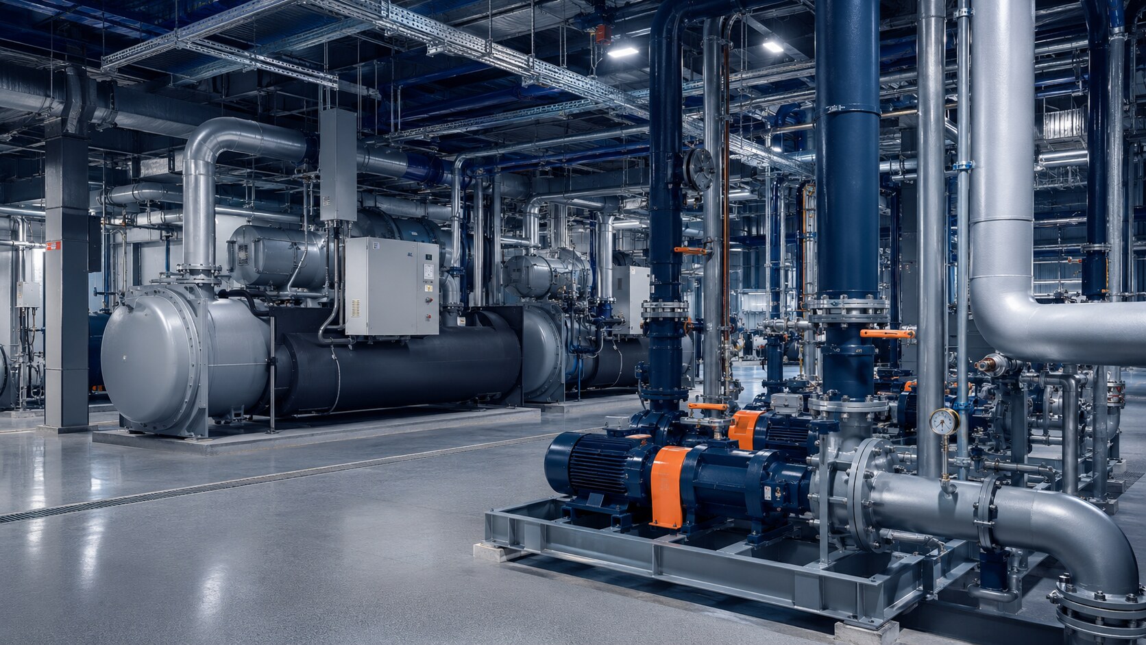 Integrated chiller plant with connected process piping