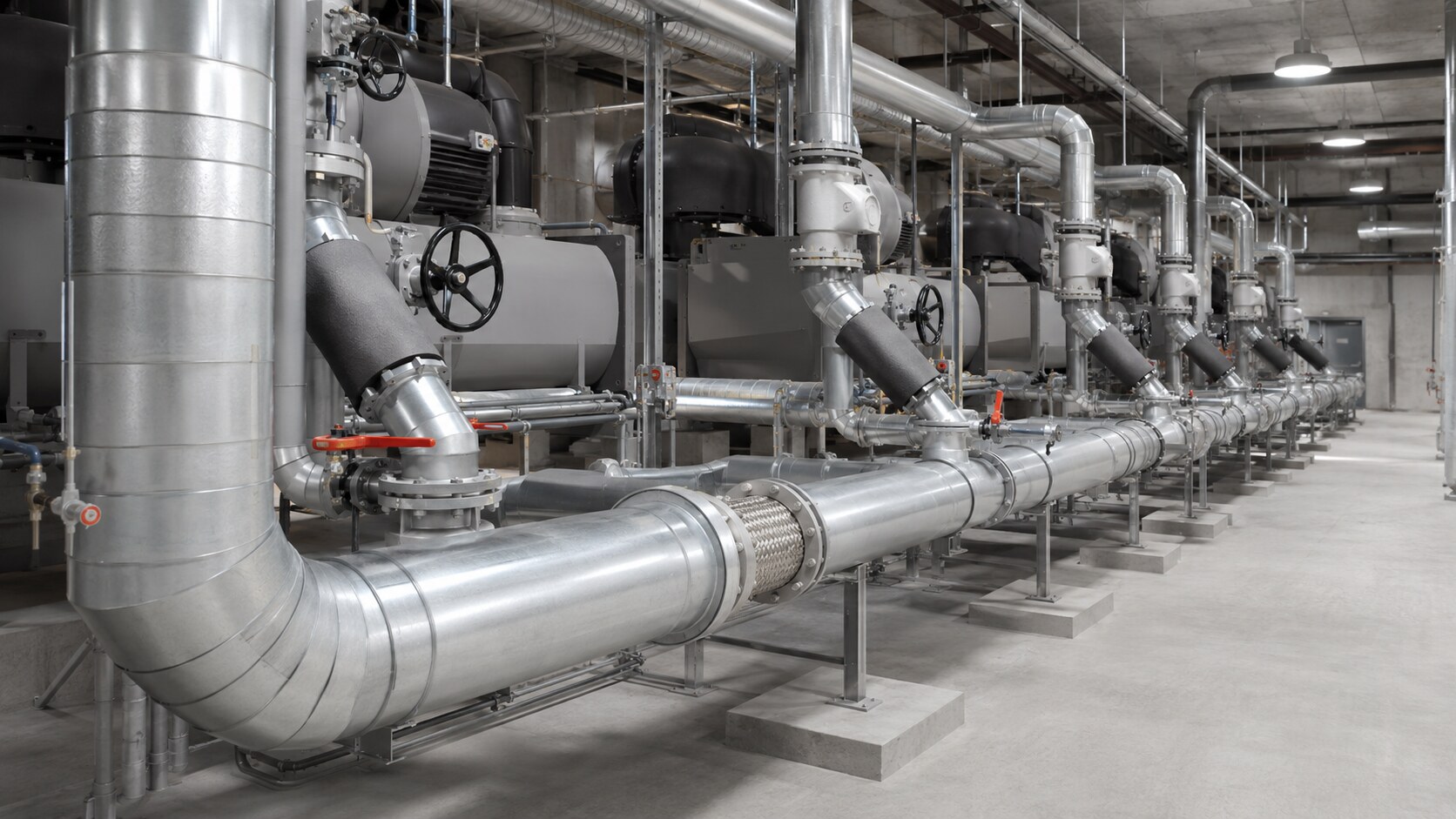 Completed hydronic distribution headers in a mechanical plant