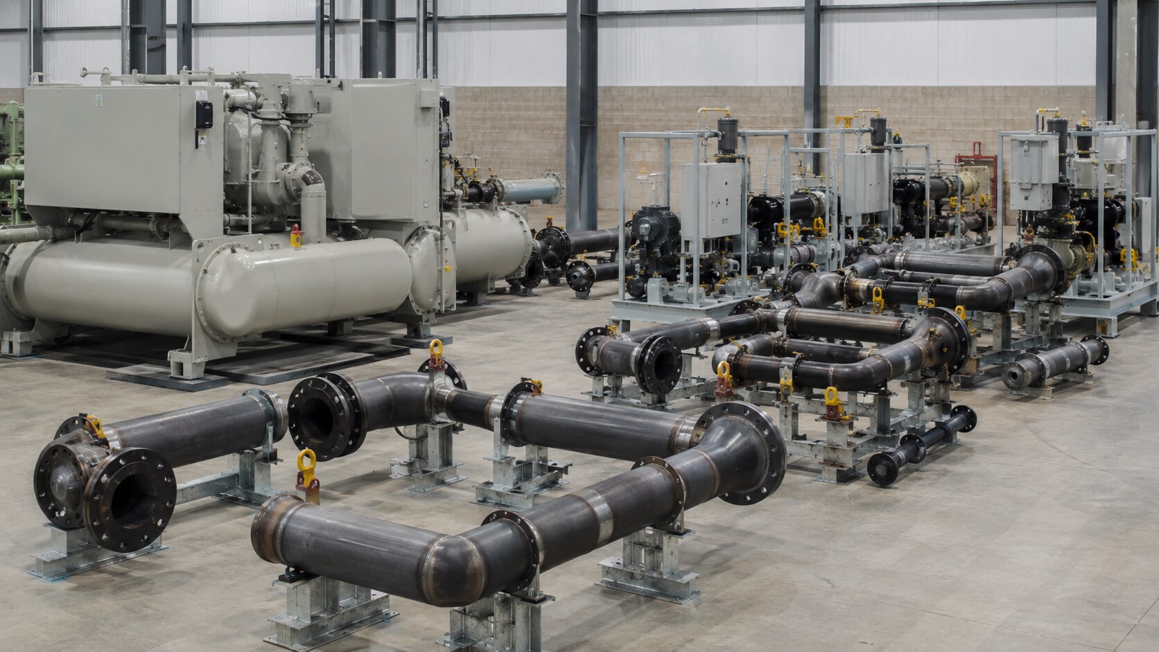 Prefabricated piping and equipment staged for installation