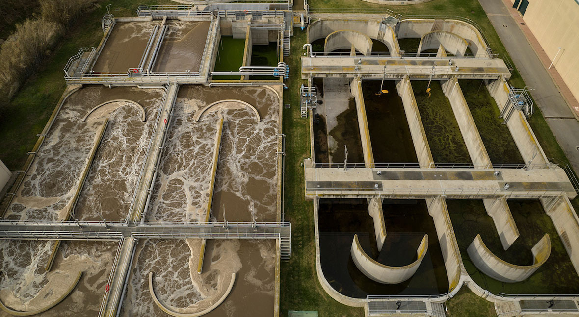 Aerial view of wastewater aeration basins and treatment channels